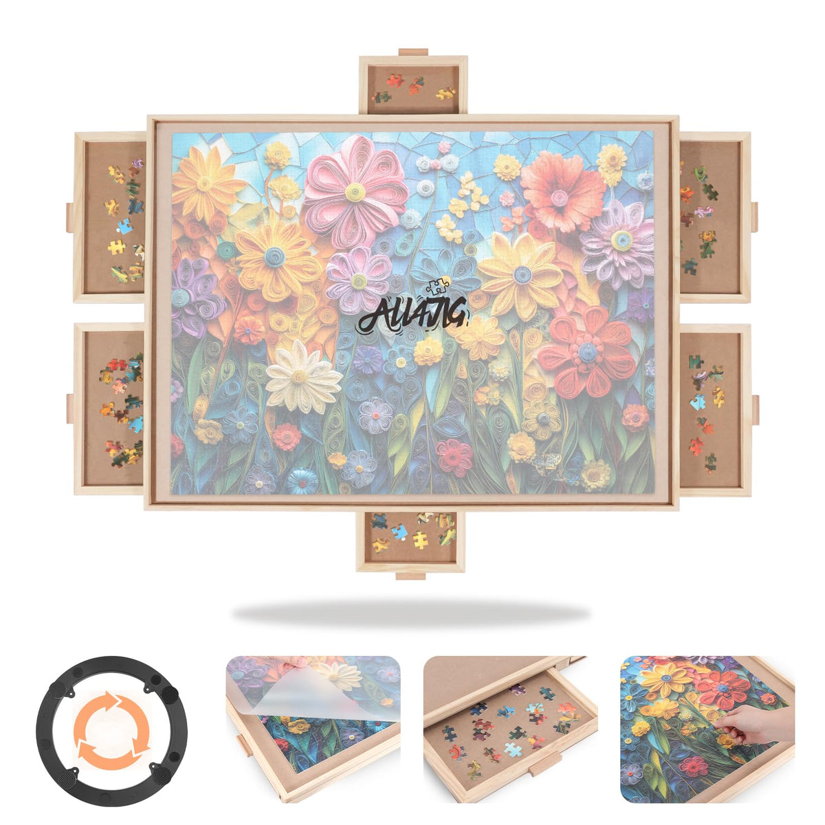 ALL4JIG 1500 Piece Rotating Puzzle Board with 4 Drawer 24.92"x33.58"Portable Wooden Jigsaw Puzzle Table for Adults,Lazy Susan Spinning Puzzle Boards Birthday Gift for mom,Surface for Bricks Building