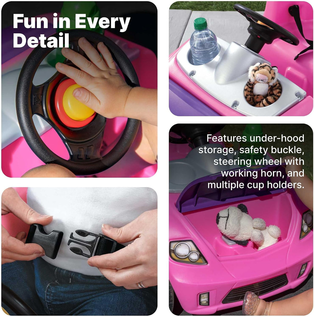 Step2 Whisper Ride II Kids Push Car, Ride-On with Seat Belt & Horn, Pink