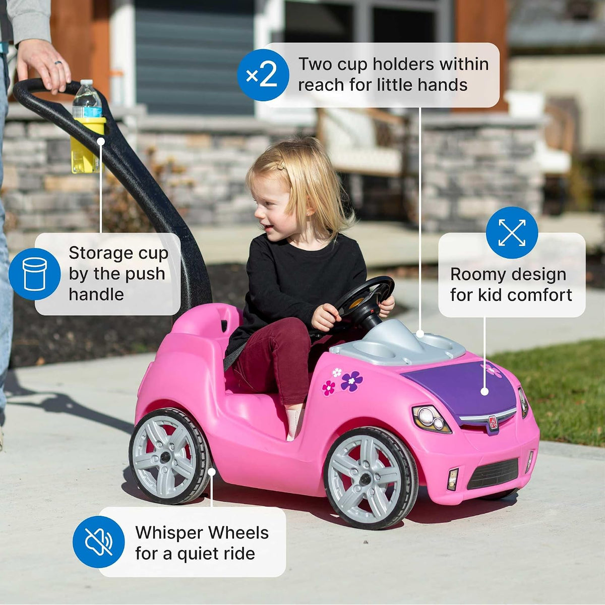 Step2 Whisper Ride II Kids Push Car, Ride-On with Seat Belt & Horn, Pink